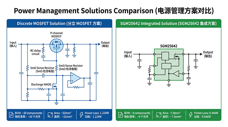 分立MOSFET方案与SGM25642集成方案硬件对比