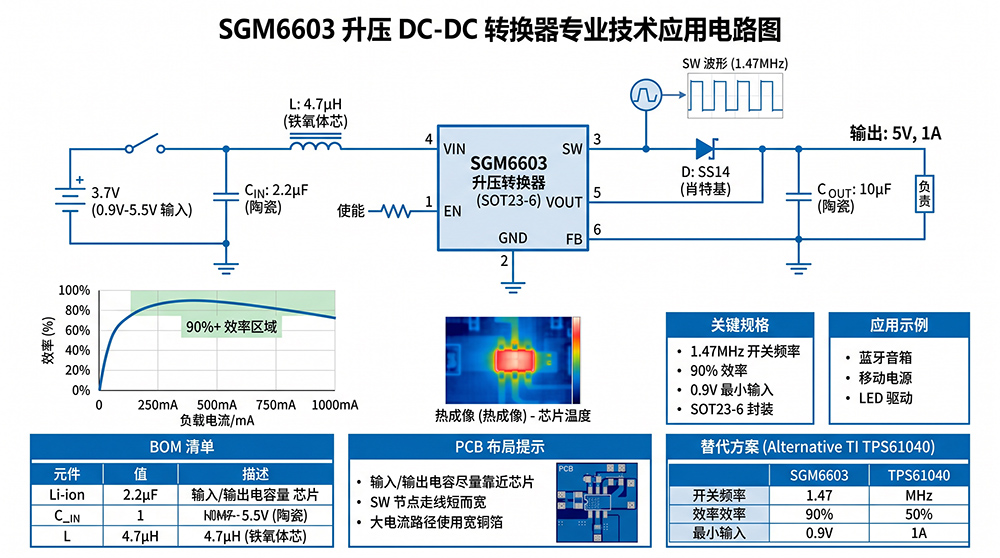 SGM6603升压DC-DC应用电路 0.9V输入5V1A输出典型设计