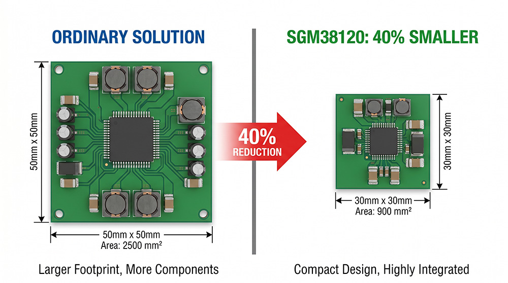 SGM38120 PMIC替换前后PCB布局面积对比示意图