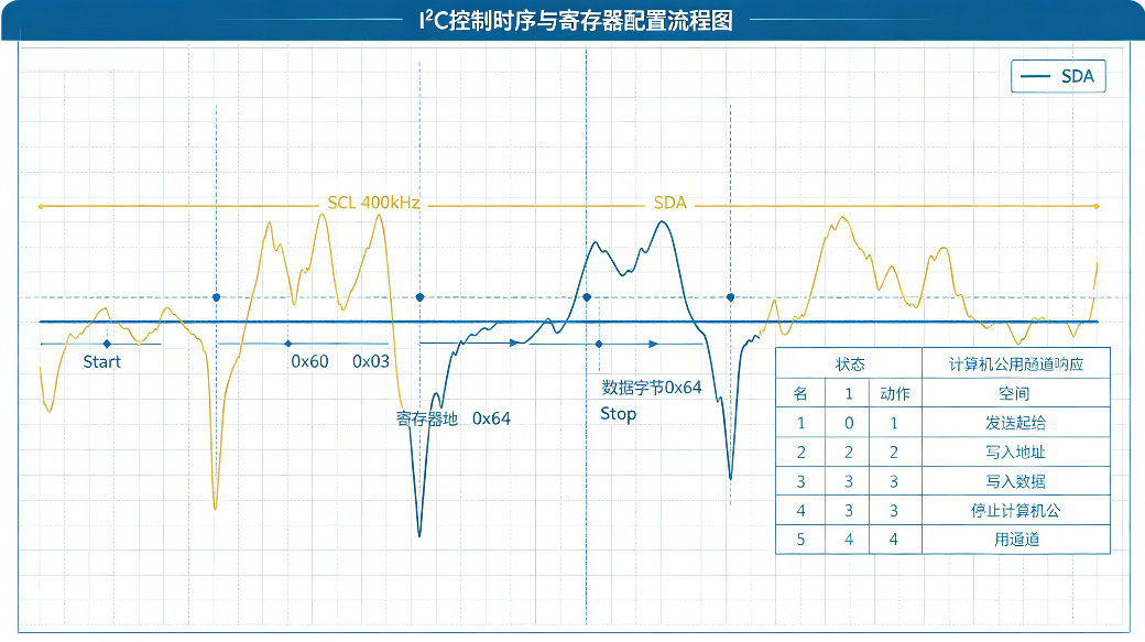 I²C 控制时序与寄存器配置流程图