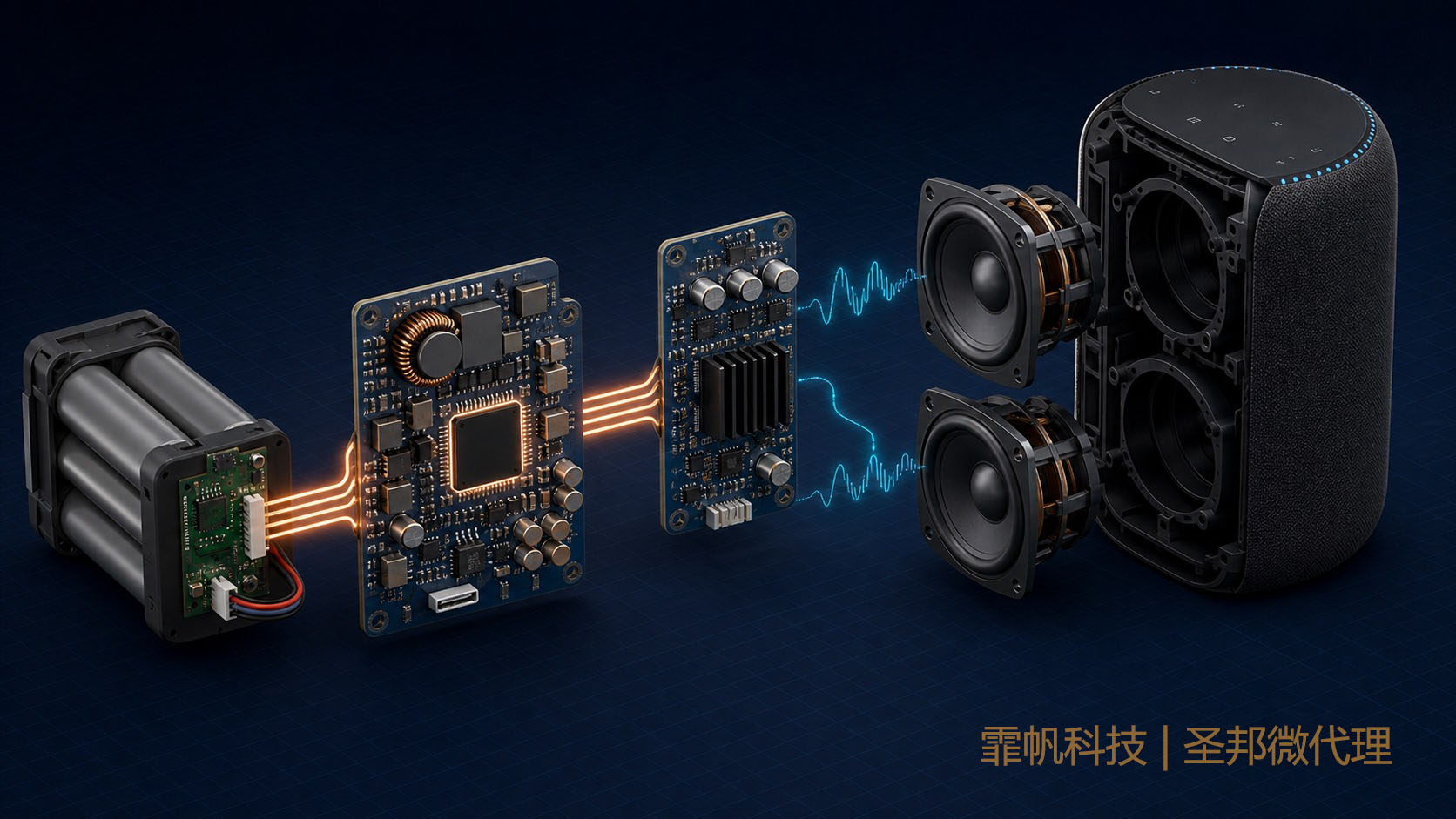 SGM6620智能音响同步升压电路图，包含输入电容、电感、外置低侧MOSFET、内部高侧MOSFET、输出电容和反馈分压
